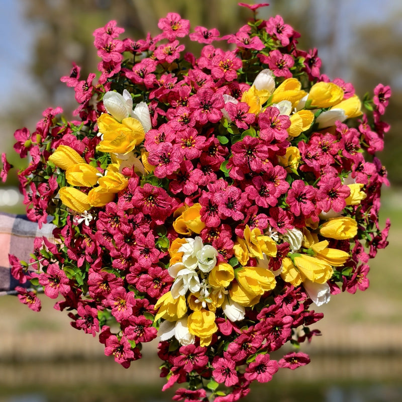 16 Bundles Artificial Spring Fuchsia Yellow Flowers UV Resistant Outdoor Plants