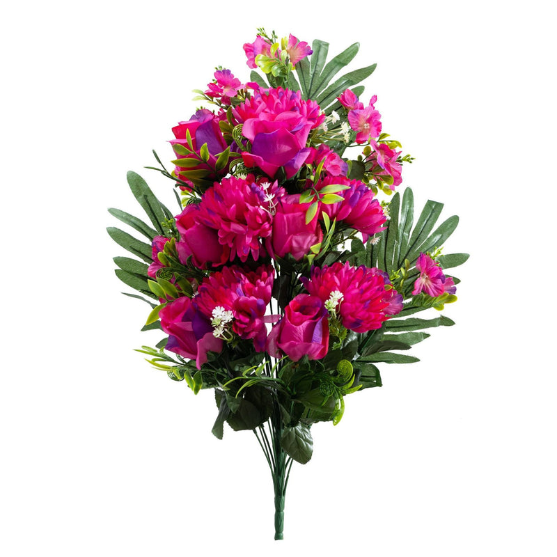 25.5 Inch Artificial Large Bush Mum Flowers with Rose Buds – Bulk Cemetery Floral Arrangement