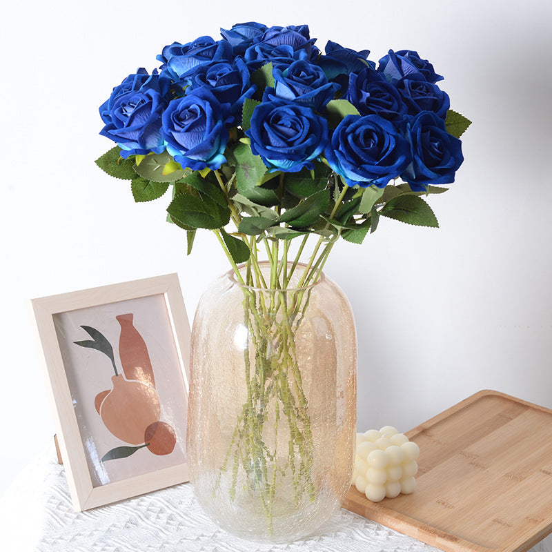 15 Pcs Galactic Cobalt Rose Stems Bouquet, Light Blue Shade Silk Flowers, Fall Winter Artificial Arrangement