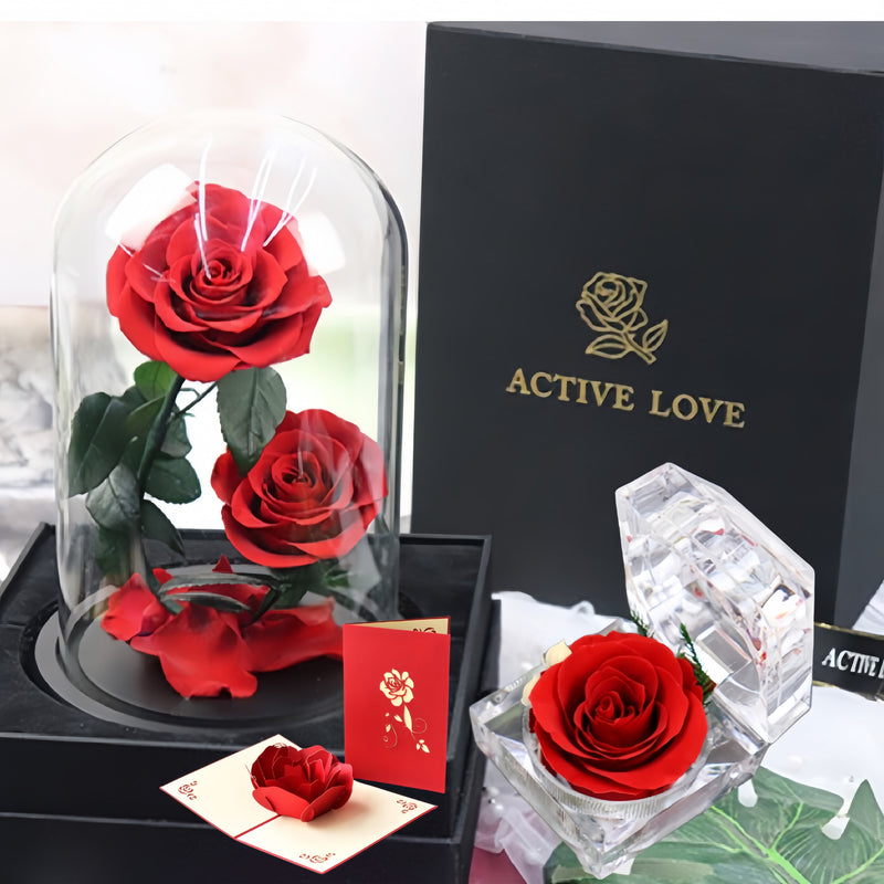 3 Pcs Artificial Rose Flowers in Glass Cover for Valentines Anniversary Wedding Gifts