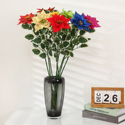 25 Inch Glitter Poinsettia Spray Artificial Flowers 6 Stems with Leaves Bulk Wholesale
