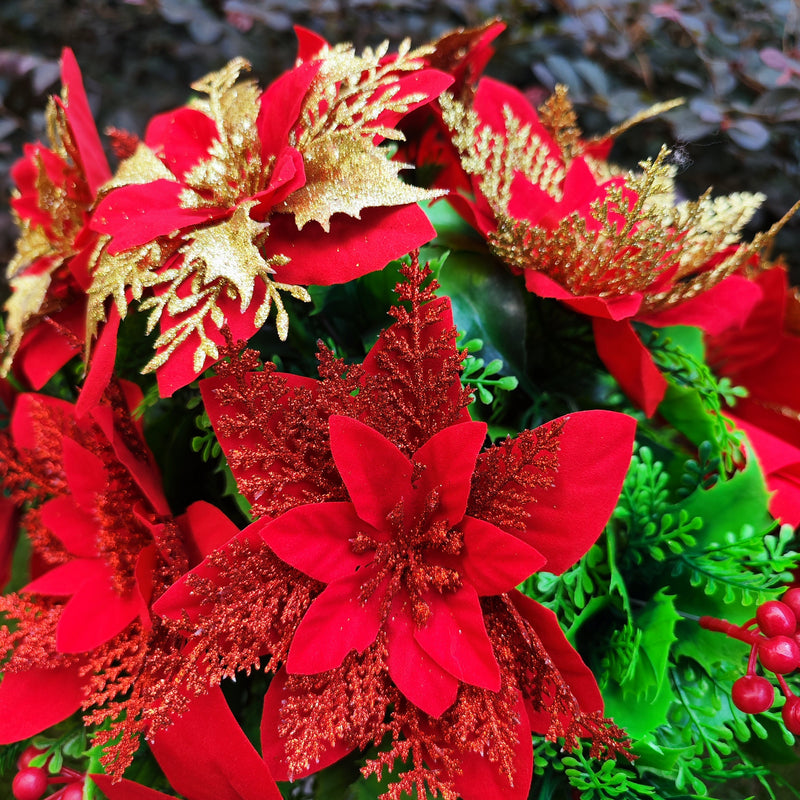 Christmas Poinsettia Bouquet with Angel Wings, Artificial Cemetery Flowers, Bulk Grave Vase Arrangement