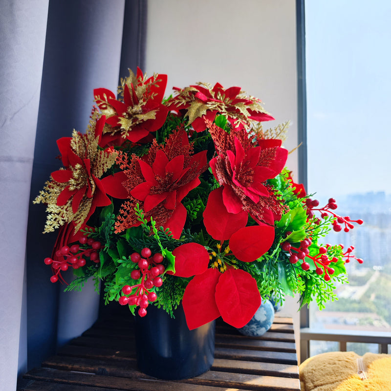 Christmas Poinsettia Bouquet with Angel Wings, Artificial Cemetery Flowers, Bulk Grave Vase Arrangement
