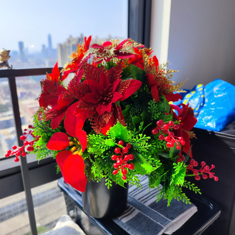 Christmas Poinsettia Bouquet with Angel Wings, Artificial Cemetery Flowers, Bulk Grave Vase Arrangement