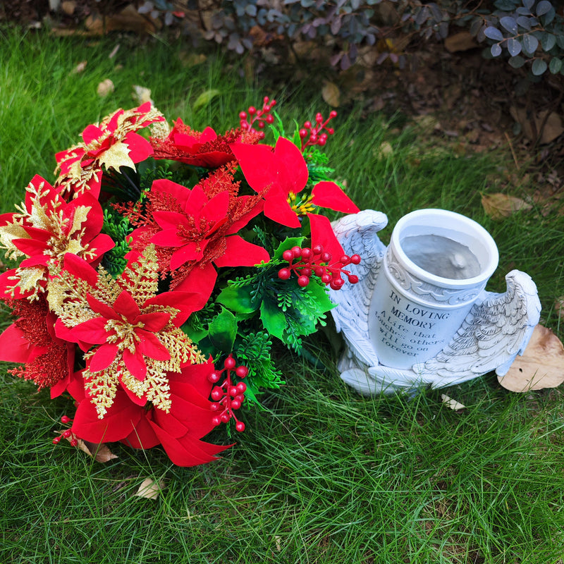 Christmas Poinsettia Bouquet with Angel Wings, Artificial Cemetery Flowers, Bulk Grave Vase Arrangement