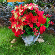 Christmas Poinsettia Bouquet with Angel Wings, Artificial Cemetery Flowers, Bulk Grave Vase Arrangement