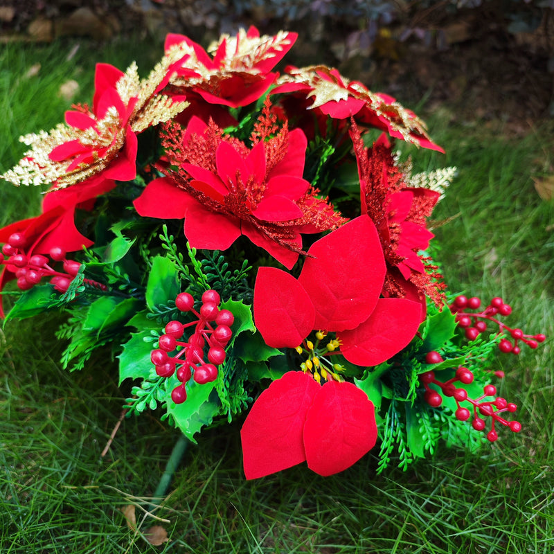 Christmas Poinsettia Bouquet with Angel Wings, Artificial Cemetery Flowers, Bulk Grave Vase Arrangement
