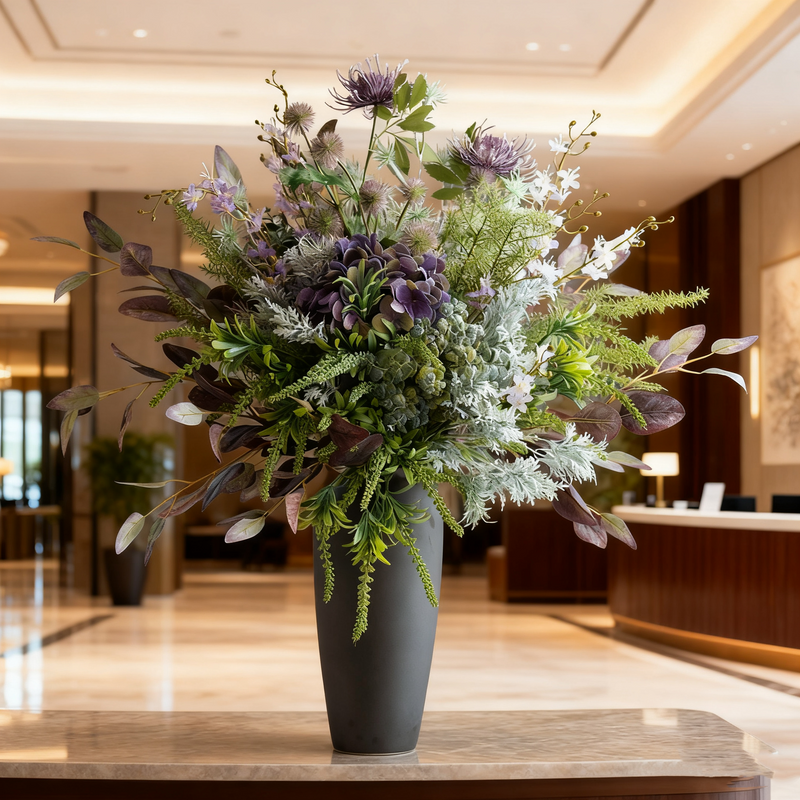 31 Inch Artificial Purple and Green Flower Bouquet with Vase, 1 Pc Silk Floral Arrangement for Hotel Lobby and Reception Decor