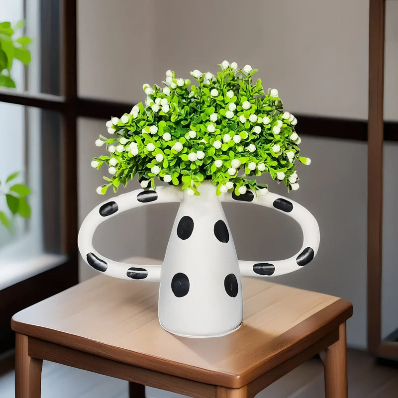10 Inch Faux Baby's Breath Bouquets with Greenery, 6 Stems in Polkadot Ceramic Vase, Artificial Potted Flowers