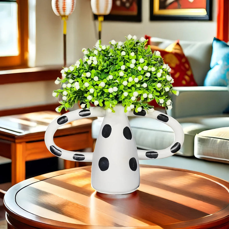 10 Inch Faux Baby's Breath Bouquets with Greenery, 6 Stems in Polkadot Ceramic Vase, Artificial Potted Flowers