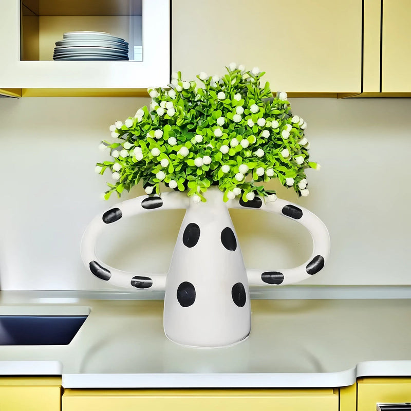 10 Inch Faux Baby's Breath Bouquets with Greenery, 6 Stems in Polkadot Ceramic Vase, Artificial Potted Flowers