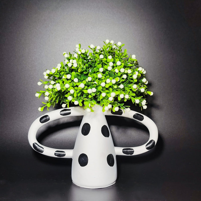 10 Inch Faux Baby's Breath Bouquets with Greenery, 6 Stems in Polkadot Ceramic Vase, Artificial Potted Flowers