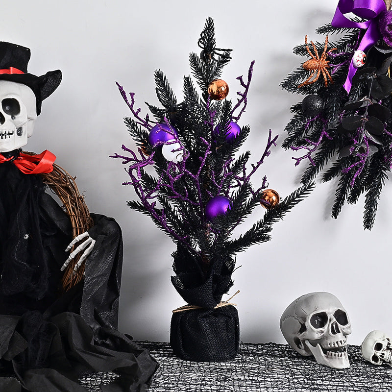 10 Pcs Artificial Halloween Potted Tree Ball Ornaments, Orange Black, 12 Inch Seasonal Decor