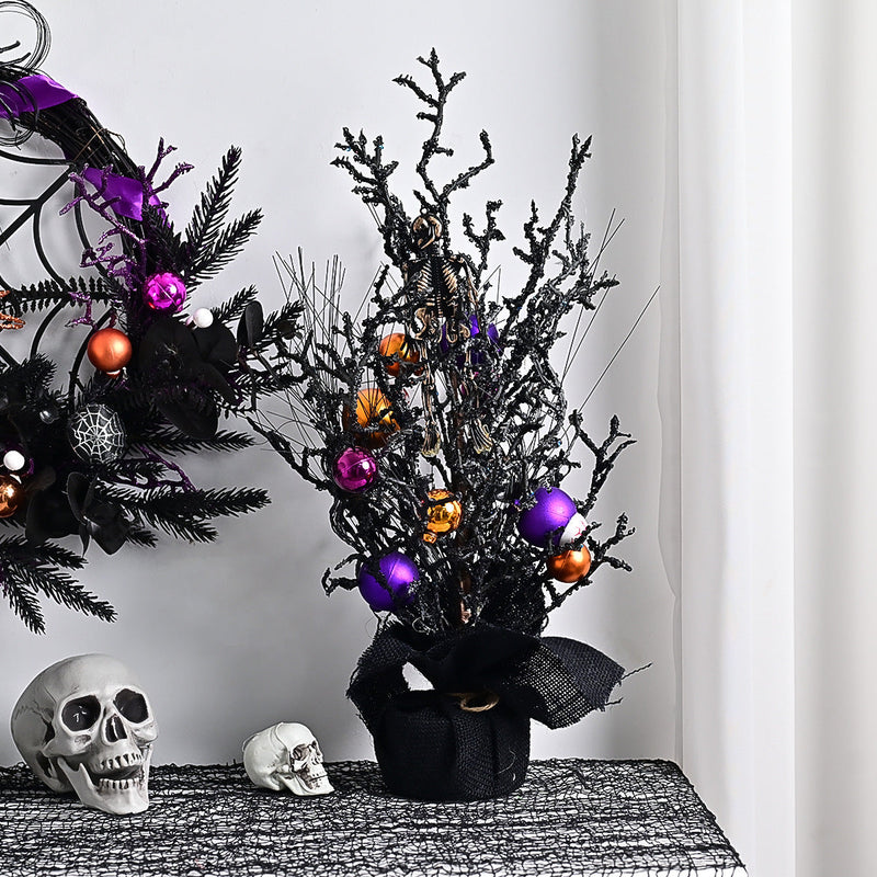 10 Pcs Artificial Halloween Potted Tree Ball Ornaments, Orange Black, 12 Inch Seasonal Decor