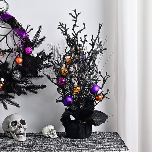 10 Pcs Artificial Halloween Potted Tree Ball Ornaments, Orange Black, 12 Inch Seasonal Decor