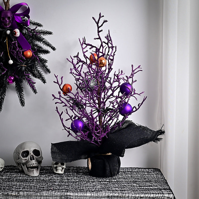 10 Pcs Artificial Halloween Potted Tree Ball Ornaments, Orange Black, 12 Inch Seasonal Decor