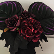 8 Inch Artificial Halloween Flower Arrangement 1 Pc Black Purple Burgundy Blooms with Leaves in Gold Vase
