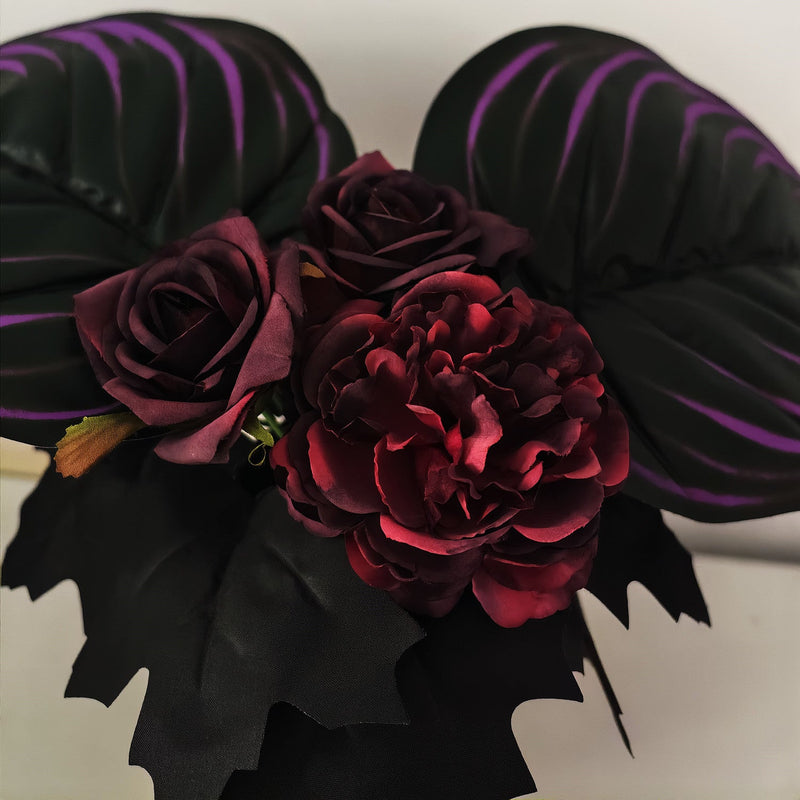 8 Inch Artificial Halloween Flower Arrangement 1 Pc Black Purple Burgundy Blooms with Leaves in Gold Vase