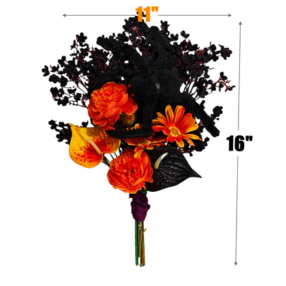 16 Inch Halloween Artificial Flower Bouquet with Plush Spider Decor, Bulk Wholesale
