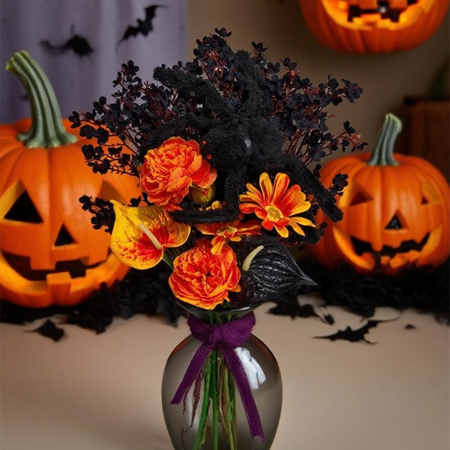 16 Inch Halloween Artificial Flower Bouquet with Plush Spider Decor, Bulk Wholesale