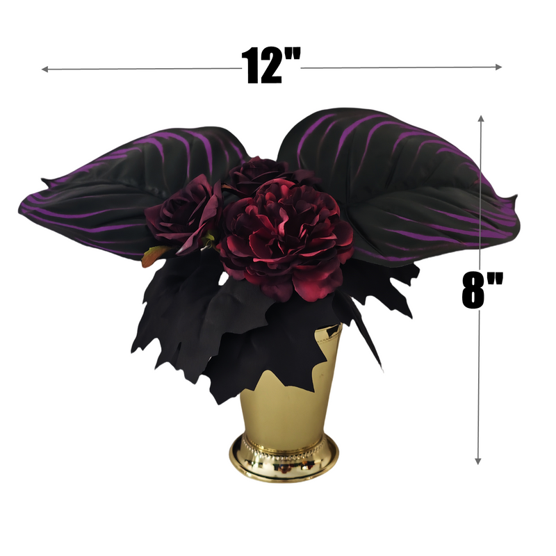 8 Inch Artificial Halloween Flower Arrangement 1 Pc Black Purple Burgundy Blooms with Leaves in Gold Vase