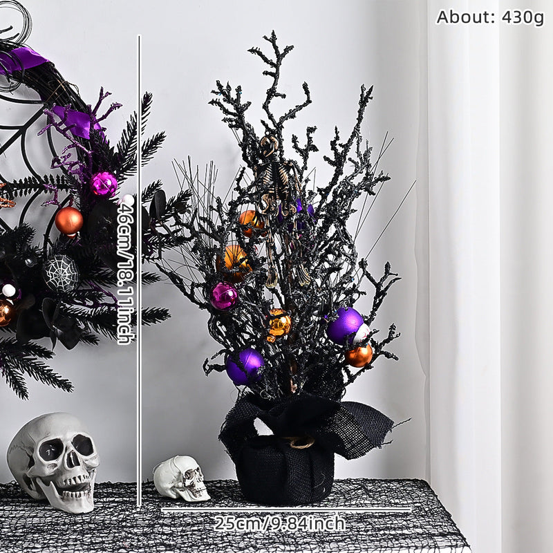 10 Pcs Artificial Halloween Potted Tree Ball Ornaments, Orange Black, 12 Inch Seasonal Decor