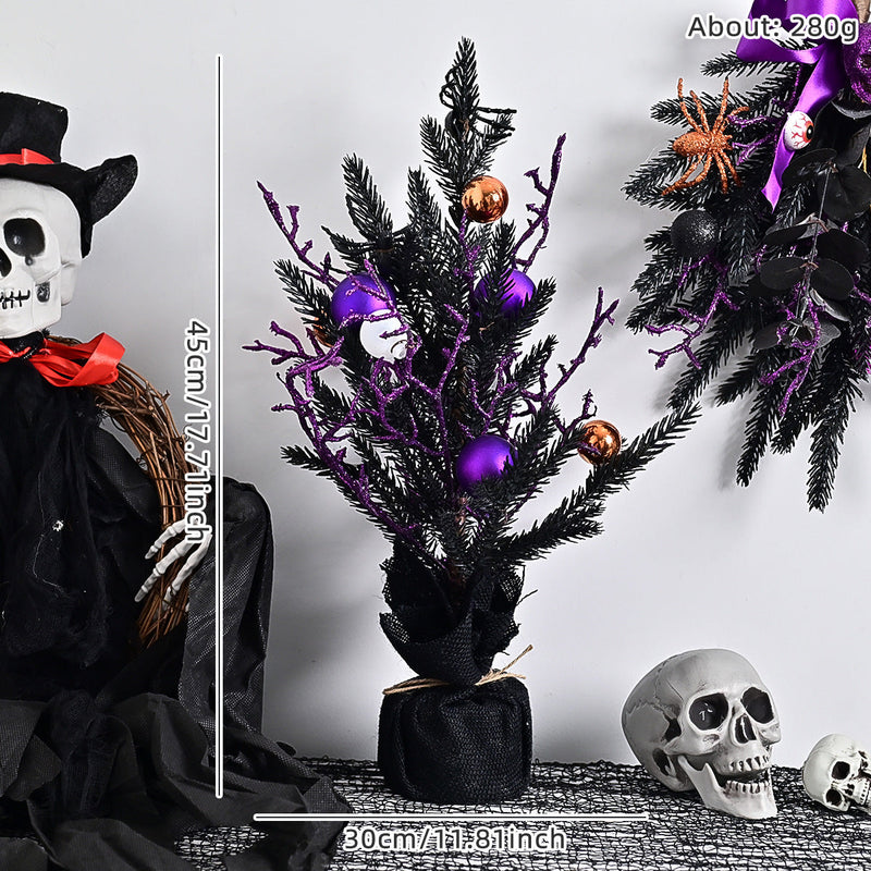 10 Pcs Artificial Halloween Potted Tree Ball Ornaments, Orange Black, 12 Inch Seasonal Decor