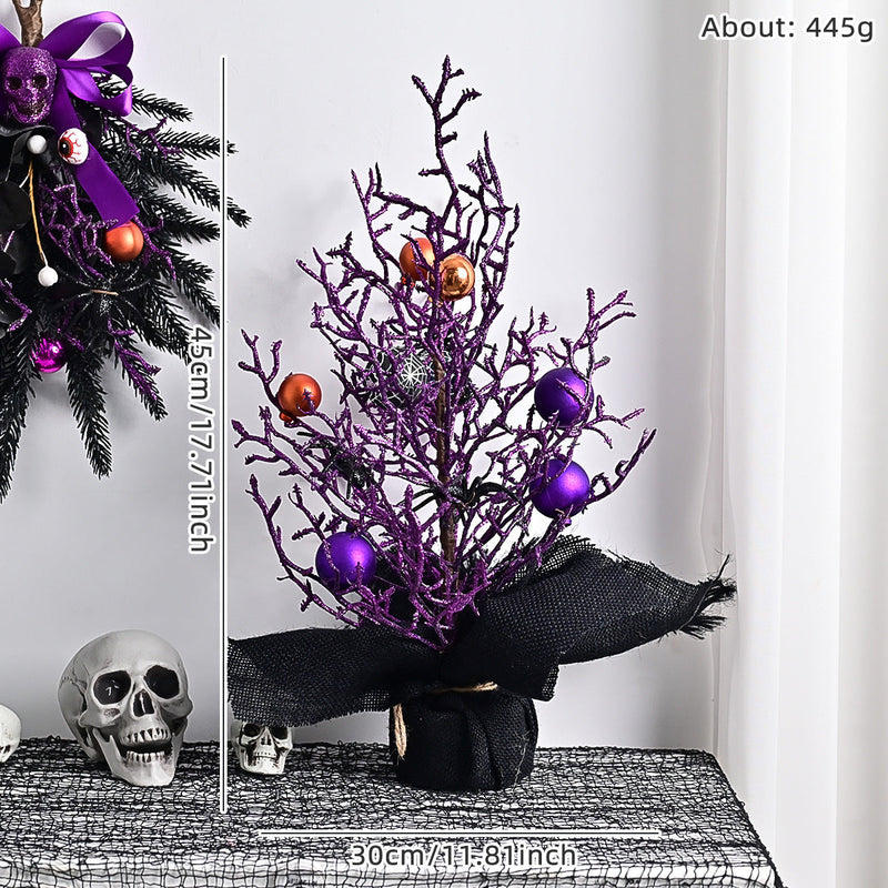 10 Pcs Artificial Halloween Potted Tree Ball Ornaments, Orange Black, 12 Inch Seasonal Decor