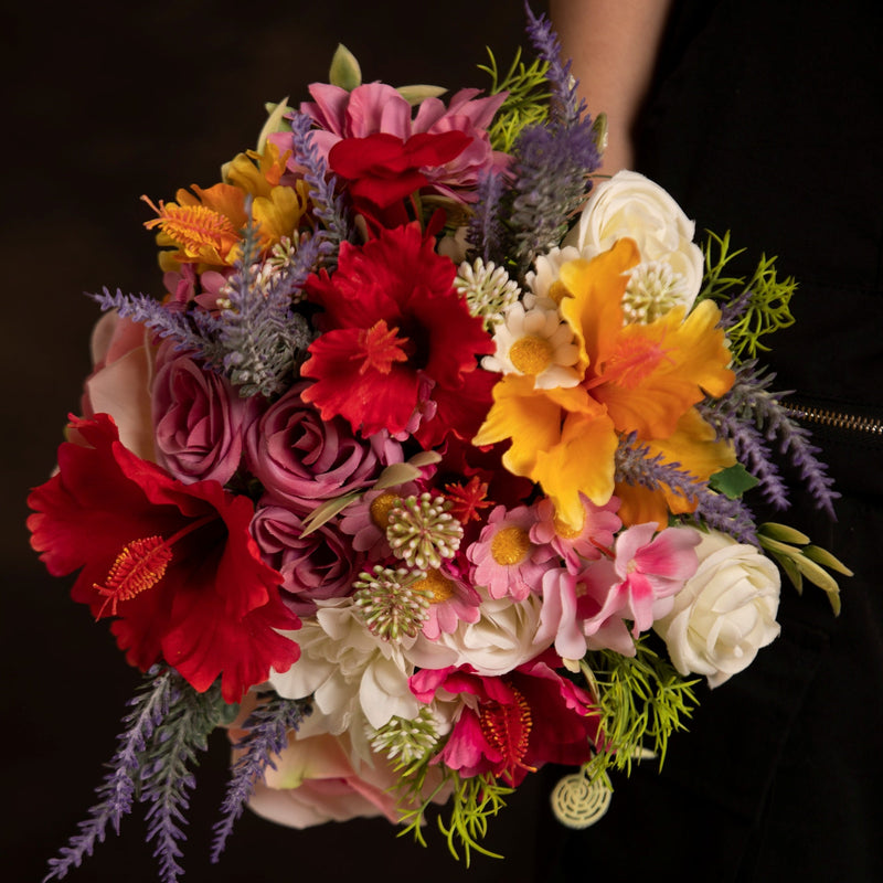 9 Inch Artificial Hibiscus Bridal Bouquet 9 Pcs Mixed Rose Daisy Lavender Dahlia Flowers for Wedding