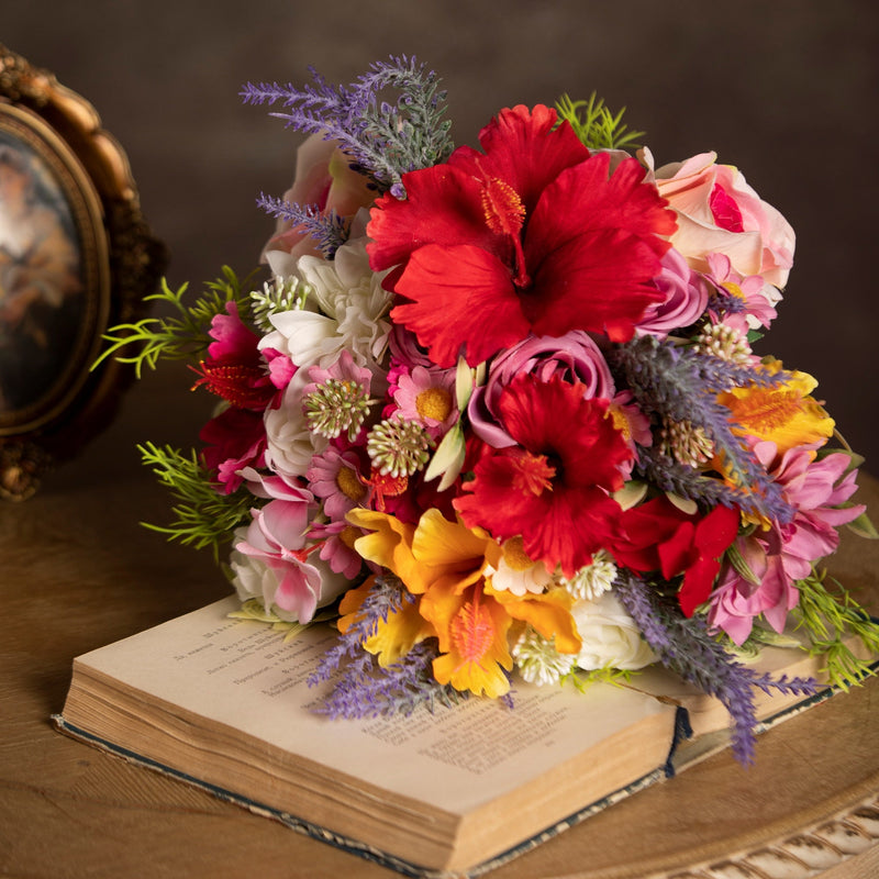 9 Inch Artificial Hibiscus Bridal Bouquet 9 Pcs Mixed Rose Daisy Lavender Dahlia Flowers for Wedding