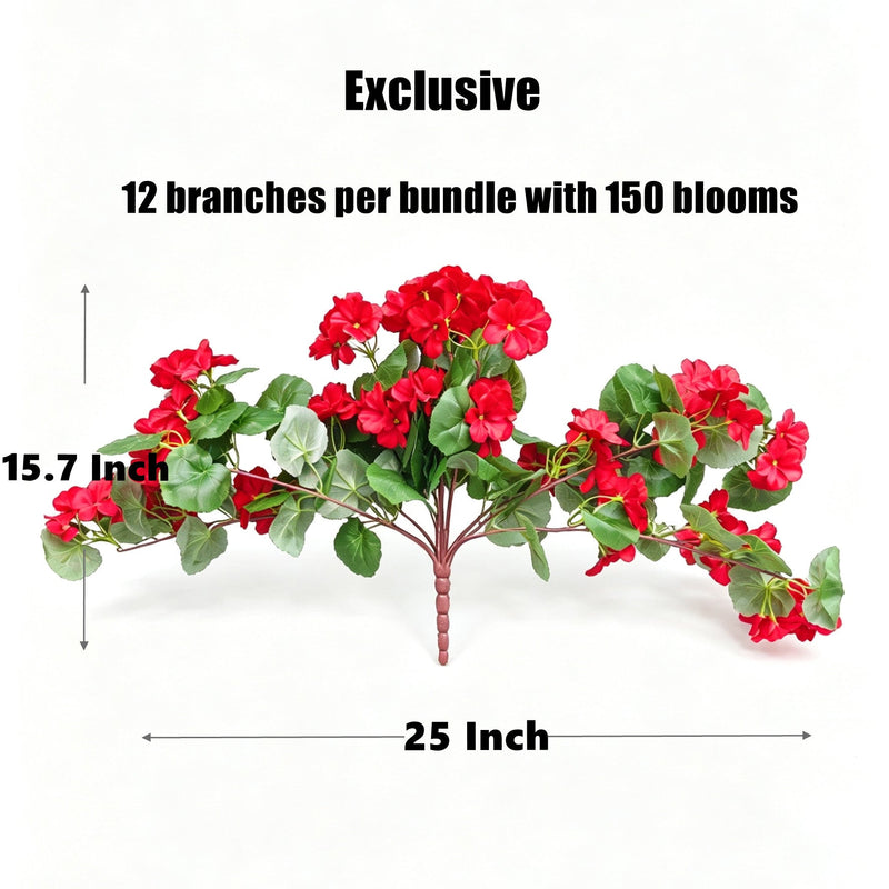 Bulk Long Stem Faux Geraniums, 12 Stems UV Resistant, 25" Tall Artificial Flower Bush for Outdoor Planter, Porch Decor, Wedding, DIY Floral Arrangements