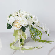 9 Inch Ivory and White Artificial Orchid Rose Calla Lily Bridal Bouquet, 1 Pc Cascading Wedding Flower Arrangement