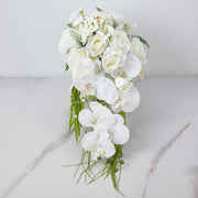 9 Inch Ivory and White Artificial Orchid Rose Calla Lily Bridal Bouquet, 1 Pc Cascading Wedding Flower Arrangement