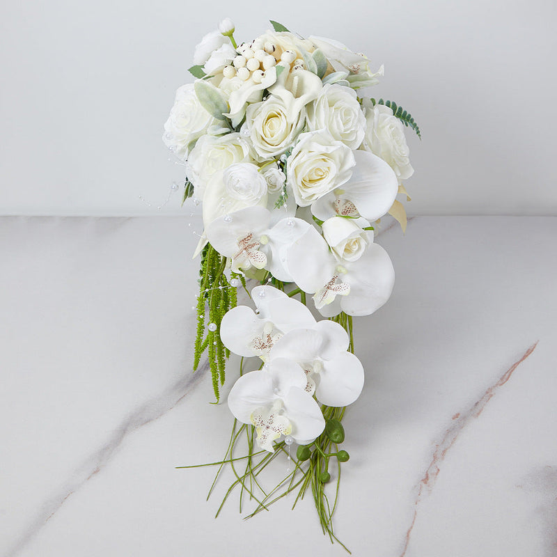 9 Inch Ivory and White Artificial Orchid Rose Calla Lily Bridal Bouquet, 1 Pc Cascading Wedding Flower Arrangement