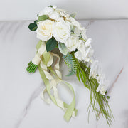 9 Inch Ivory and White Artificial Orchid Rose Calla Lily Bridal Bouquet, 1 Pc Cascading Wedding Flower Arrangement