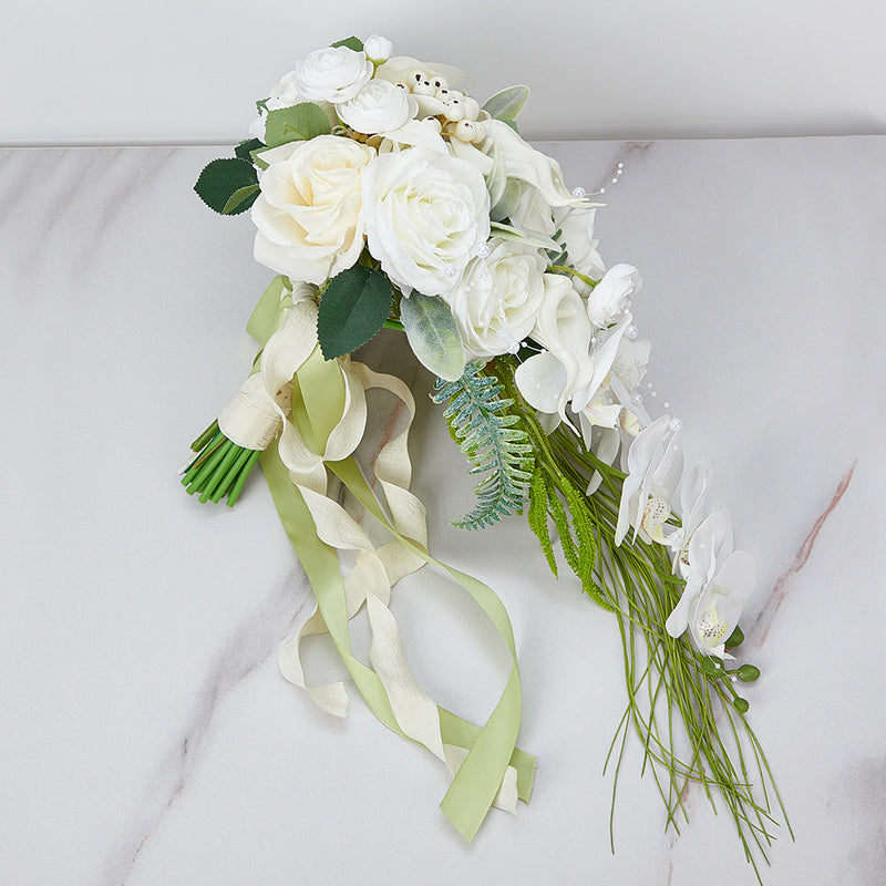 9 Inch Ivory and White Artificial Orchid Rose Calla Lily Bridal Bouquet, 1 Pc Cascading Wedding Flower Arrangement