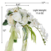 9 Inch Ivory and White Artificial Orchid Rose Calla Lily Bridal Bouquet, 1 Pc Cascading Wedding Flower Arrangement