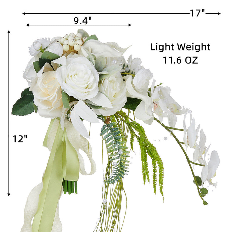 9 Inch Ivory and White Artificial Orchid Rose Calla Lily Bridal Bouquet, 1 Pc Cascading Wedding Flower Arrangement