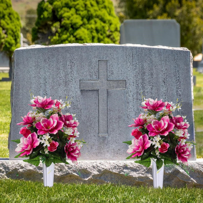 18 Inch Artificial Cemetery Flowers with Vase, 2 Sets Bulk Grave Decoration