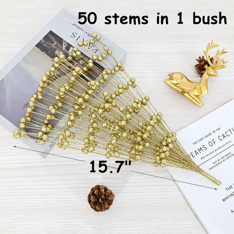 50 Stems Artificial Christmas Glitter Berry Bush Ornaments for Tree Wreath Crafts Bulk