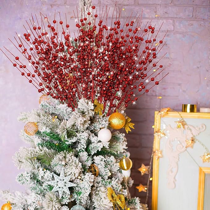 50 Stems Artificial Christmas Glitter Berry Bush Ornaments for Tree Wreath Crafts Bulk