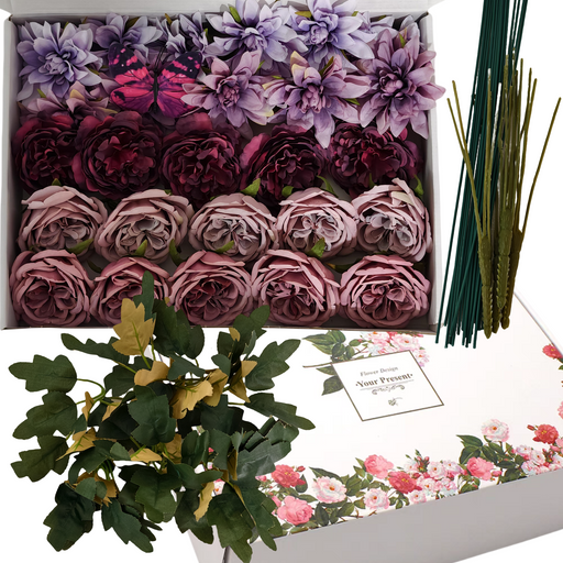 Luxury Box Plum Velvet Artificial Silk Peony Dahlia Flowers with Stems, 10 Pcs, 12 Inch, Bulk for DIY Wedding
