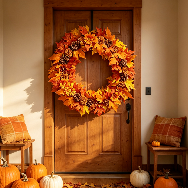 24" Foldable Fall Wreath – Ombre Maple Leaves with Caramel Mums & Sunset Daisies, Collapsible Autumn Decor for Front Door, Mantel & Home