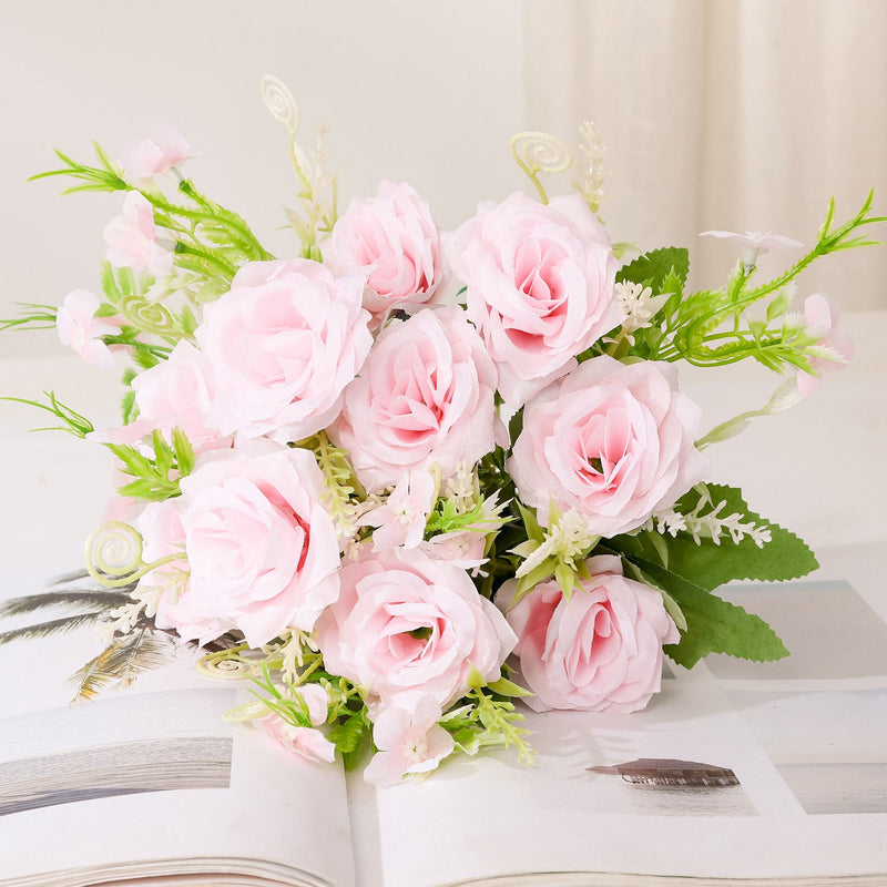11 Inch Mini Artificial Rose Bush Bouquet, 10 Stems Bulk Floral for Table Centerpiece DIY