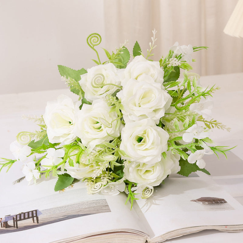 11 Inch Mini Artificial Rose Bush Bouquet, 10 Stems Bulk Floral for Table Centerpiece DIY