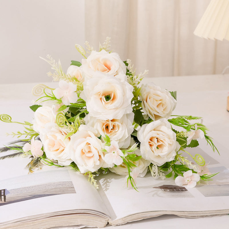 11 Inch Mini Artificial Rose Bush Bouquet, 10 Stems Bulk Floral for Table Centerpiece DIY