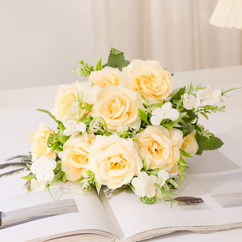 11 Inch Mini Artificial Rose Bush Bouquet, 10 Stems Bulk Floral for Table Centerpiece DIY