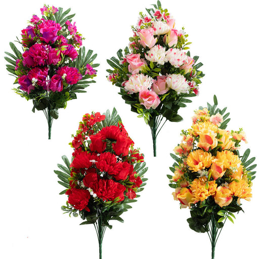 25.5 Inch Artificial Large Bush Mum Flowers with Rose Buds – Bulk Cemetery Floral Arrangement