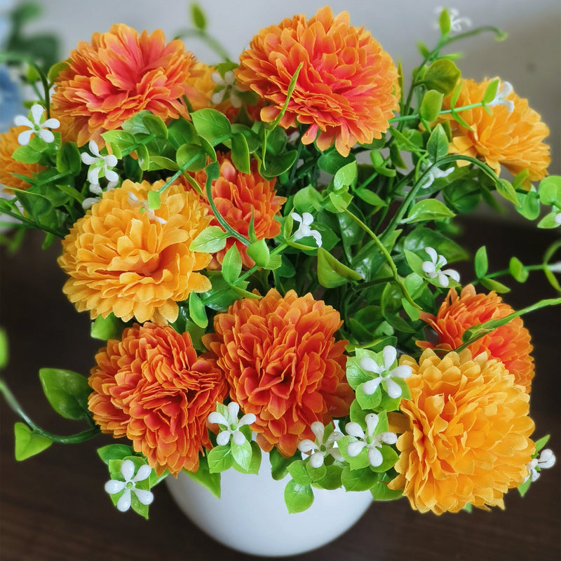 6 Inch Artificial Mum Flower with Vase - Bulk Floral Arrangement Set