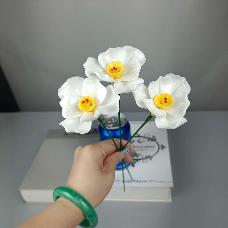 3 Pcs Porcelain Narcissus Flower Stems Artificial Ceramic Floral Decoration